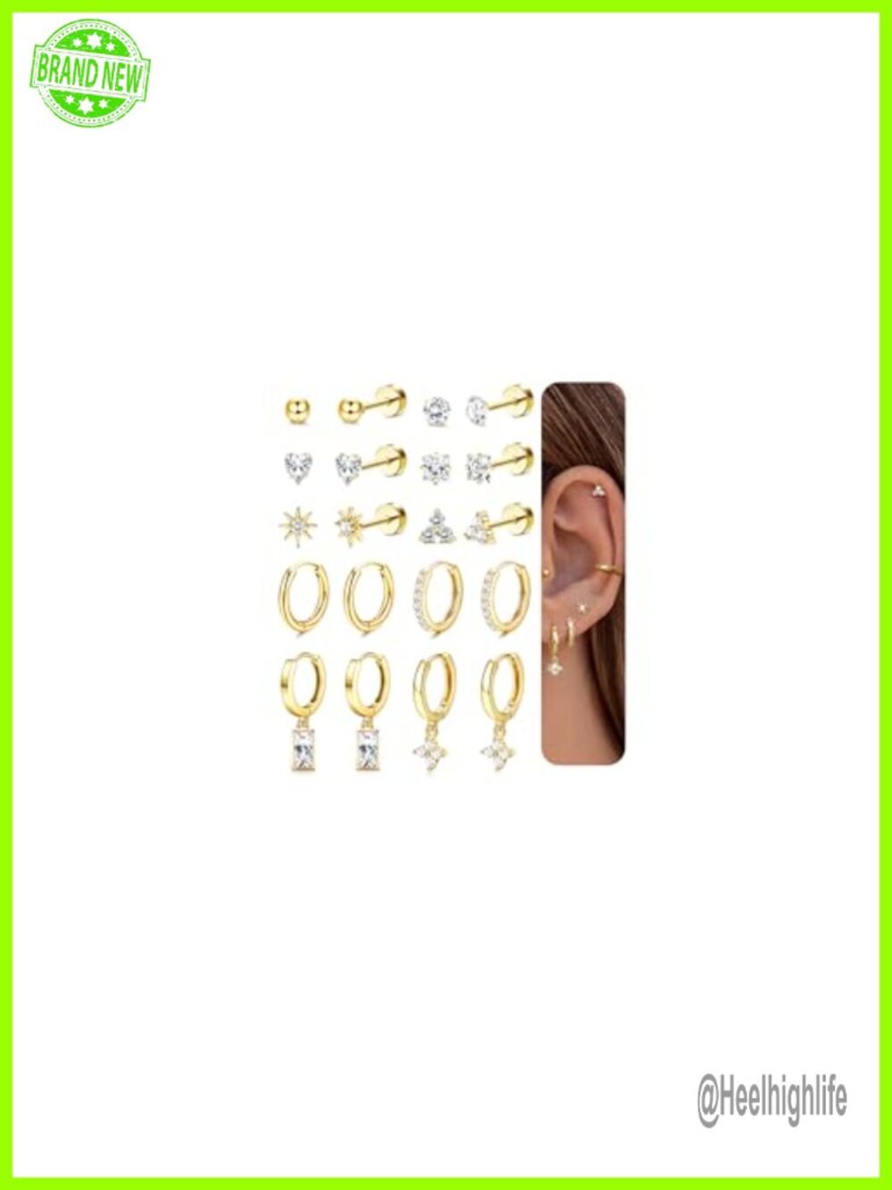 Hypoallergenic Gold Plated Flat Back Stud Hoop Dangle Earrings Set